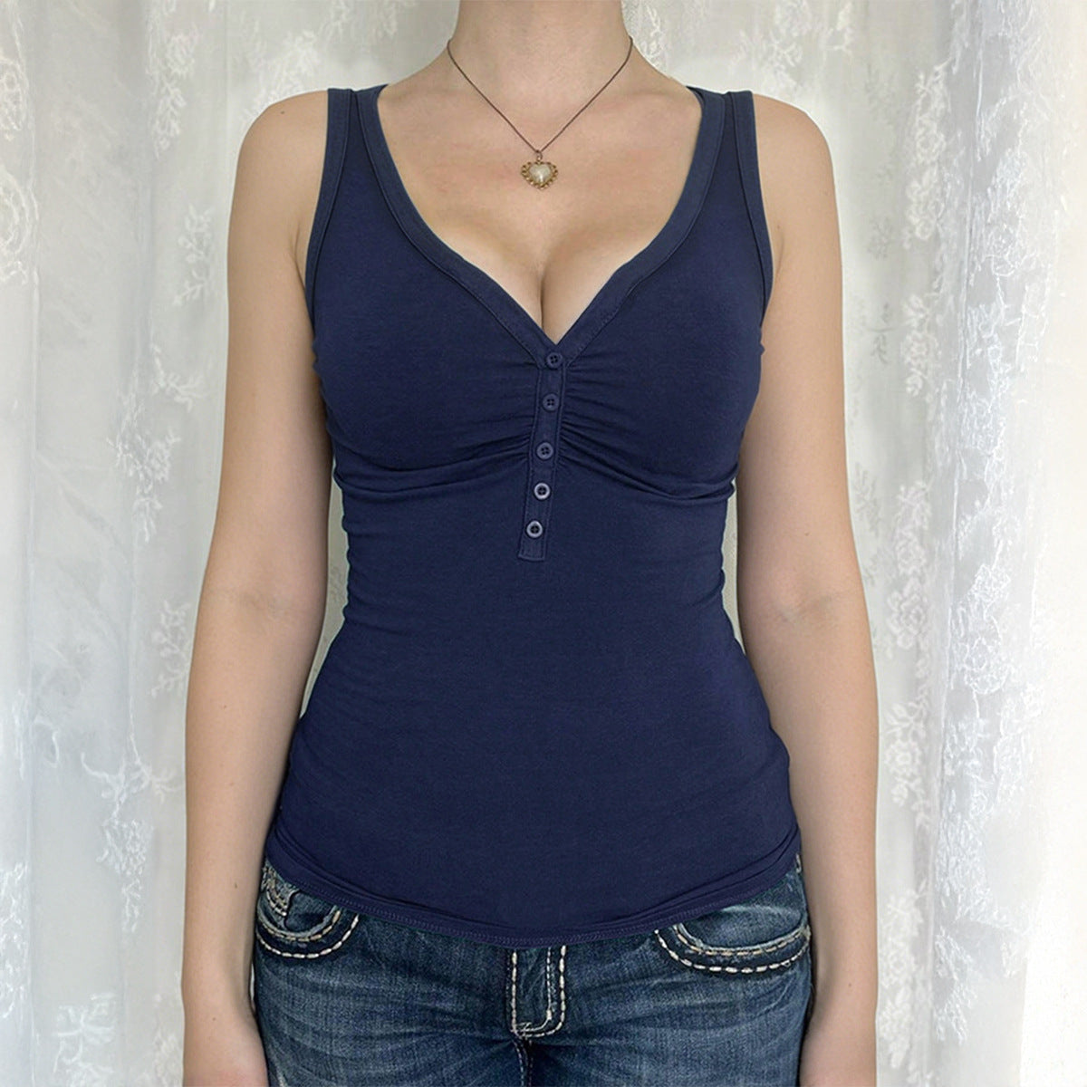 Damen Figurnahes Trägershirt mit Knopfleiste und elastischem Stoff R&B