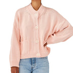 Damen Oversize Strickjacke mit Stehkragen und großen Knöpfen R&B
