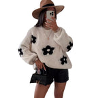 Damen Grobstrickpullover mit folkloristischen Blumenmustern und lässigem Schnitt R&B