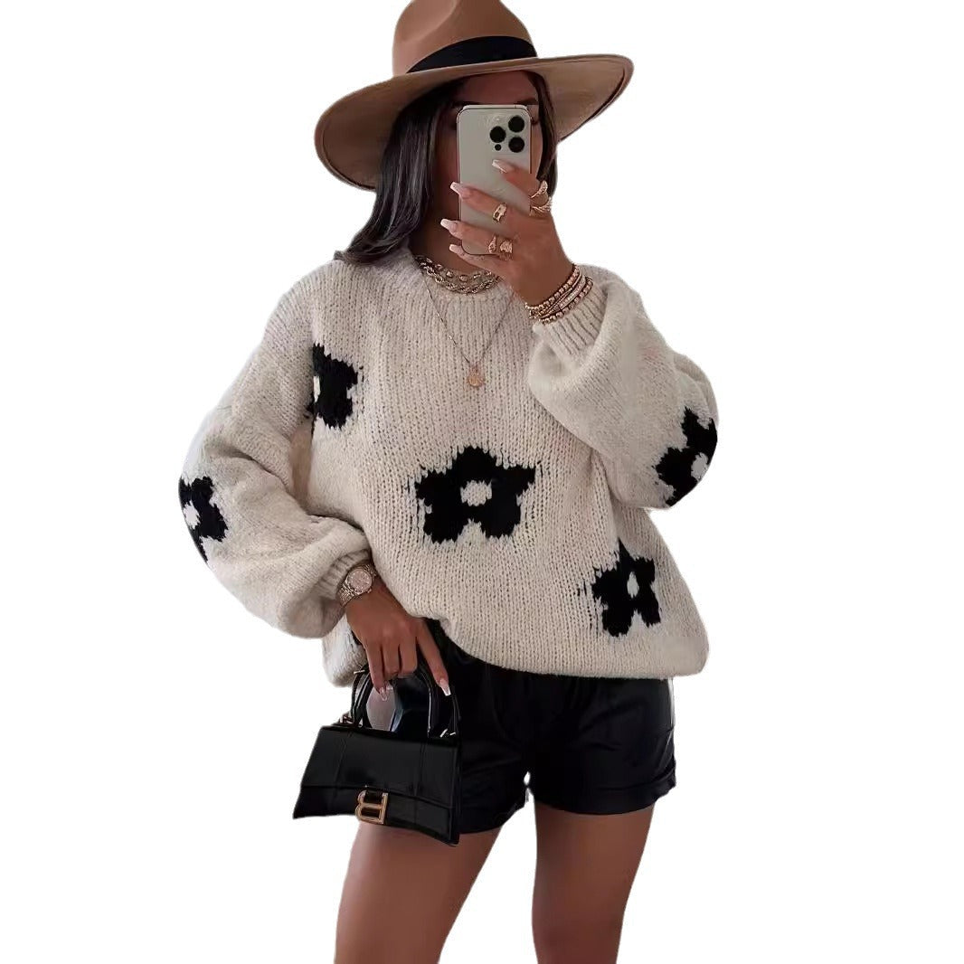Damen Grobstrickpullover mit folkloristischen Blumenmustern und lässigem Schnitt R&B