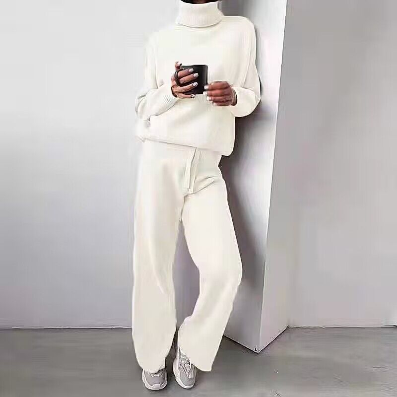 Damen elegantes Strick-Loungewear-Set mit hohem Kragen und weitem Bein R&B