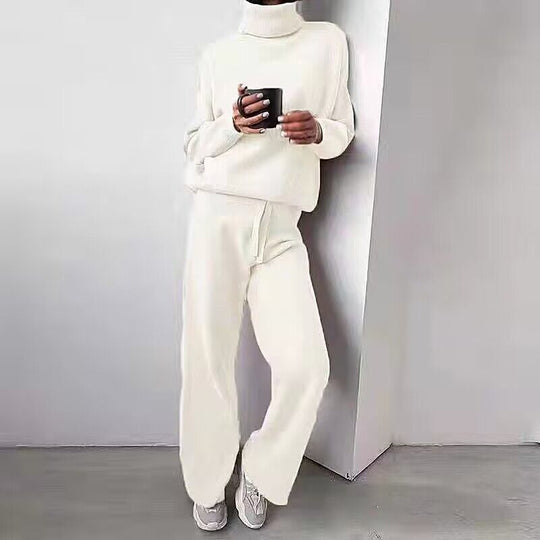 Damen elegantes Strick-Loungewear-Set mit hohem Kragen und weitem Bein R&B