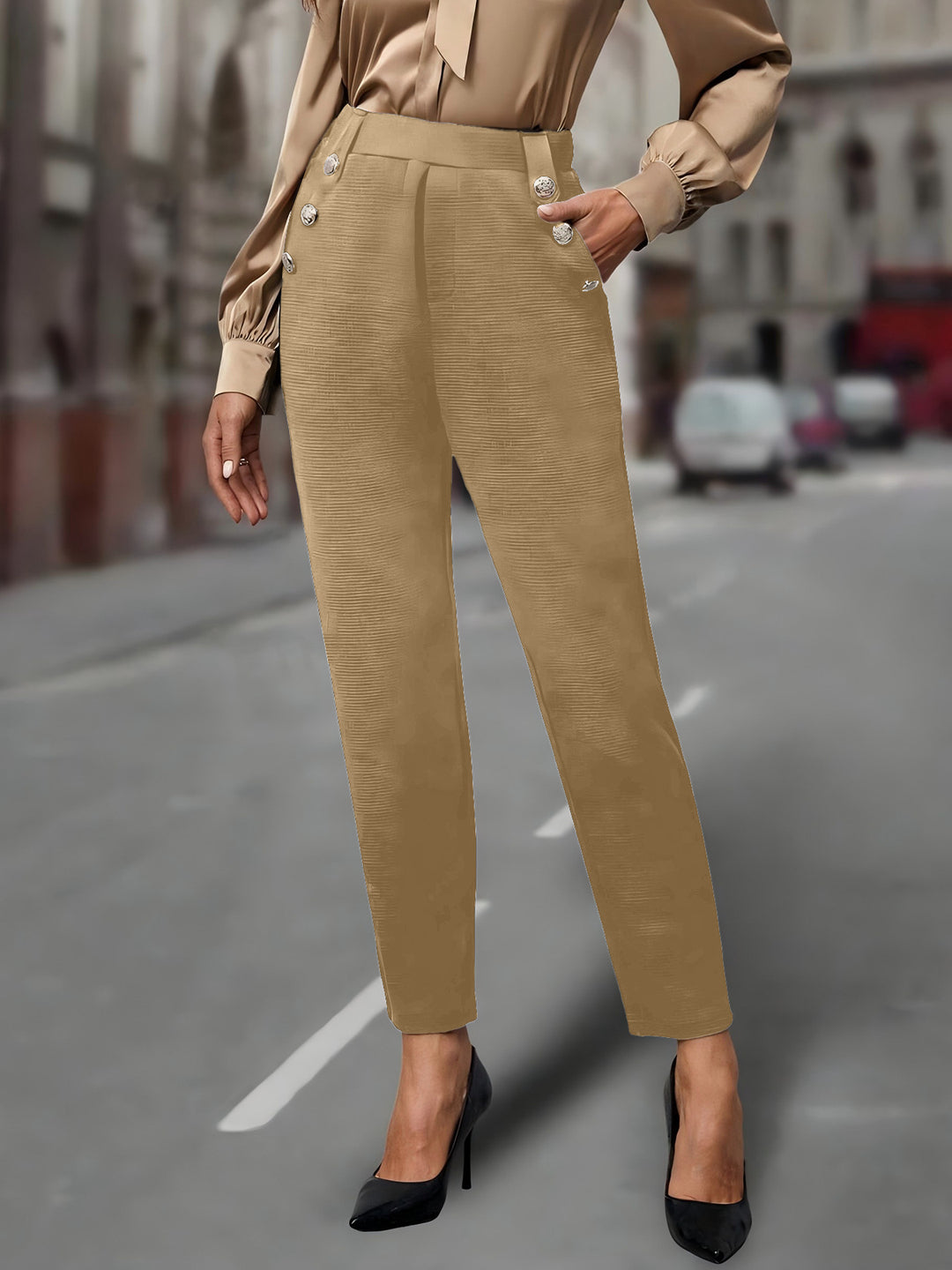 Damen elegante Anzughose mit doppeltem Knopfverschluss und schmalem Bein R&B