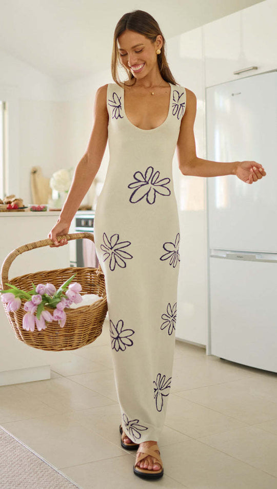 Damen figurbetontes Maxikleid mit floralem Muster und tiefem V-Ausschnitt R&B