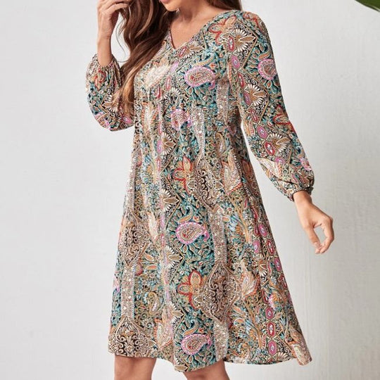 Damen Freizeitkleid mit tiefem V-Ausschnitt und langen Ärmeln R&B