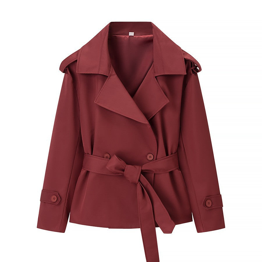 Damen nan kurzer taillierter Trenchcoat mit Bindegürtel, großem Revers und Manschettenriegel R&B