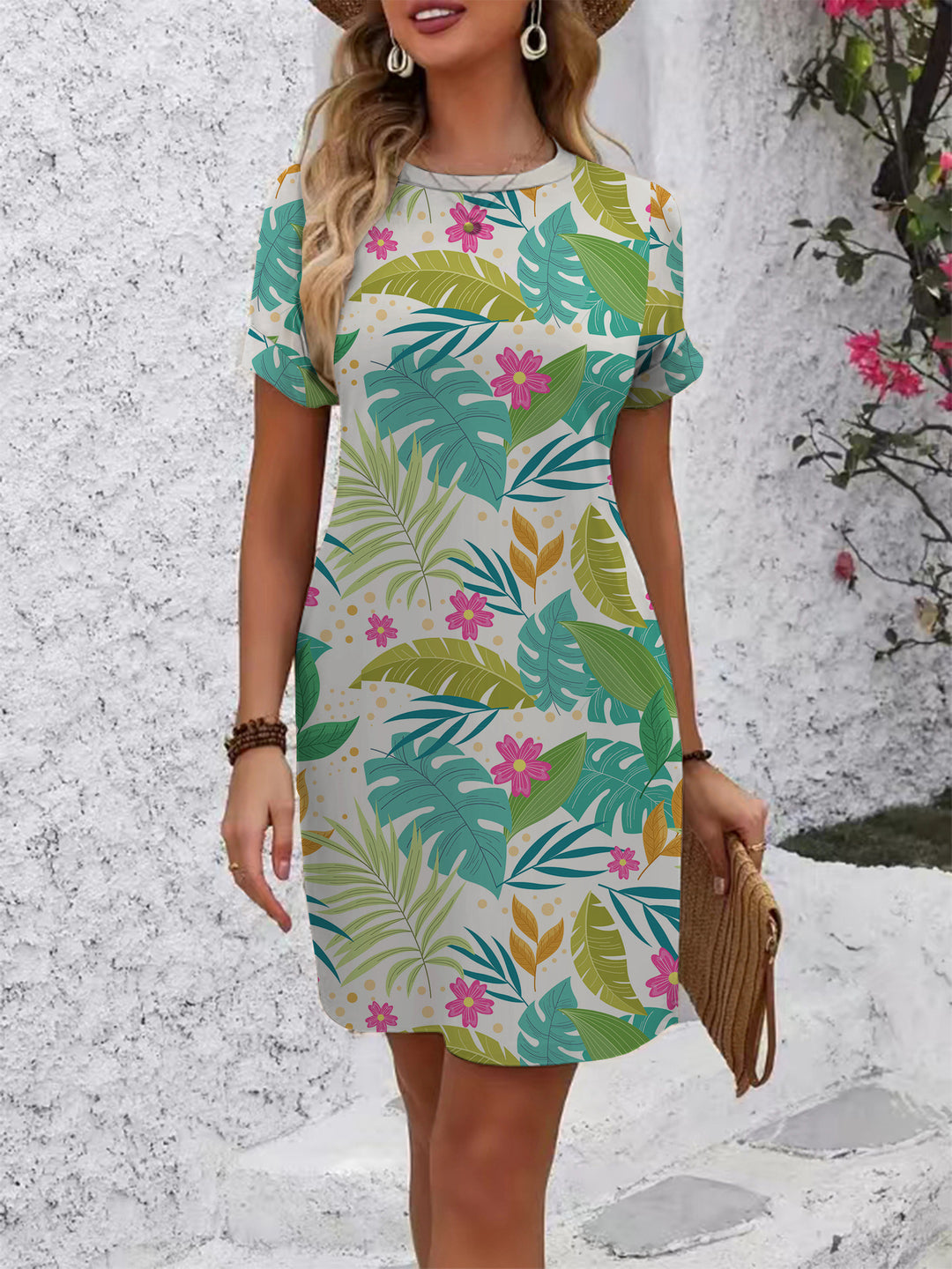 Damen lässiges Kurzarmkleid mit modernem Hahnentrittmuster und bequemer Passform R&B