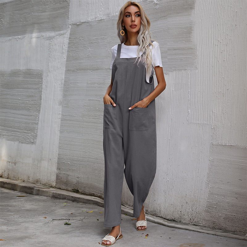 Damen Lässiger Jumpsuit mit praktischen Taschen und verstellbaren Trägern R&B