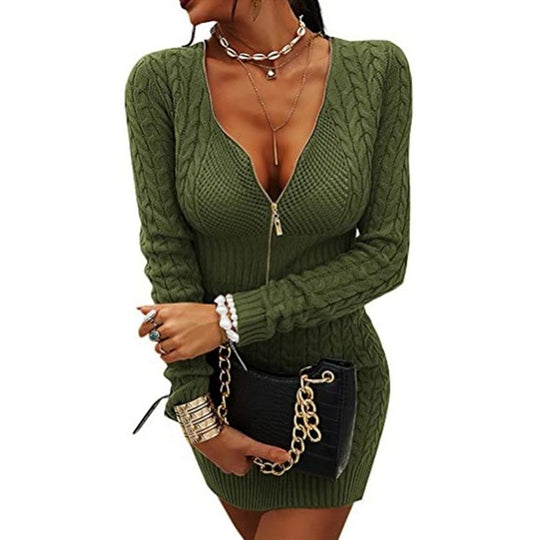 Damen Strickkleid mit tiefem V-Ausschnitt und modernem Reißverschluss R&B