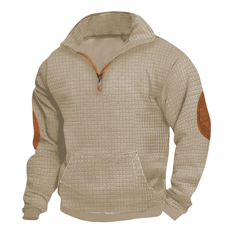 Herren nan thermoregulierender Waffelstrick-Halbzippullover mit Kängurutasche und Lederimitat-Ellbogenpatches R&B