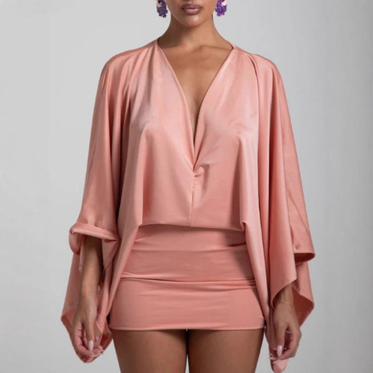 Damen nan Cape-Minikleid mit tiefem V-Ausschnitt, Fledermausärmeln und tailliertem Minirock R&B