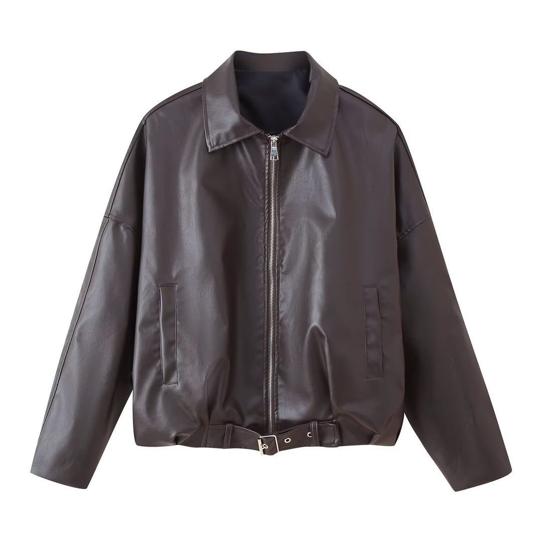 Damen modische Kunstlederjacke mit Taillengürtel R&B
