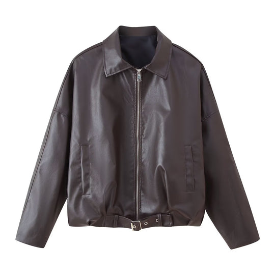 Damen modische Kunstlederjacke mit Taillengürtel R&B