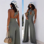 Damen Jumpsuit mit tiefem V-Ausschnitt und weiten Beinen R&B