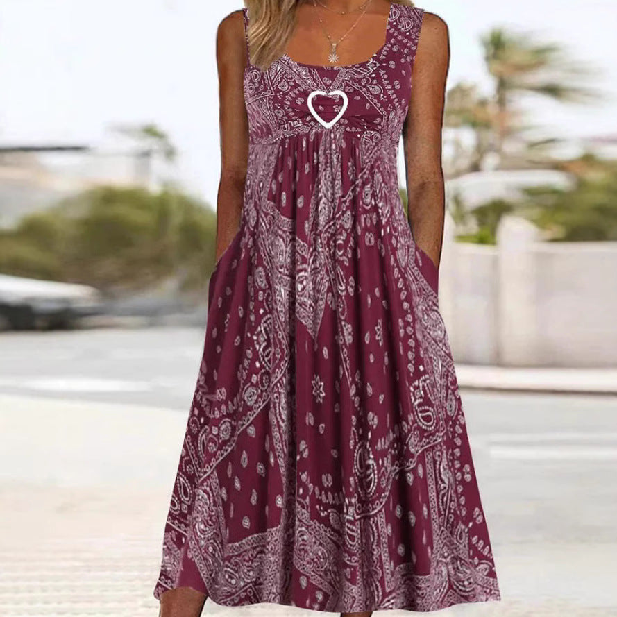 Damen nan luftiges Maxi-Kleid mit Paisley-Bandana-Print, geraffter Empire-Taille und praktischen Seitentaschen R&B