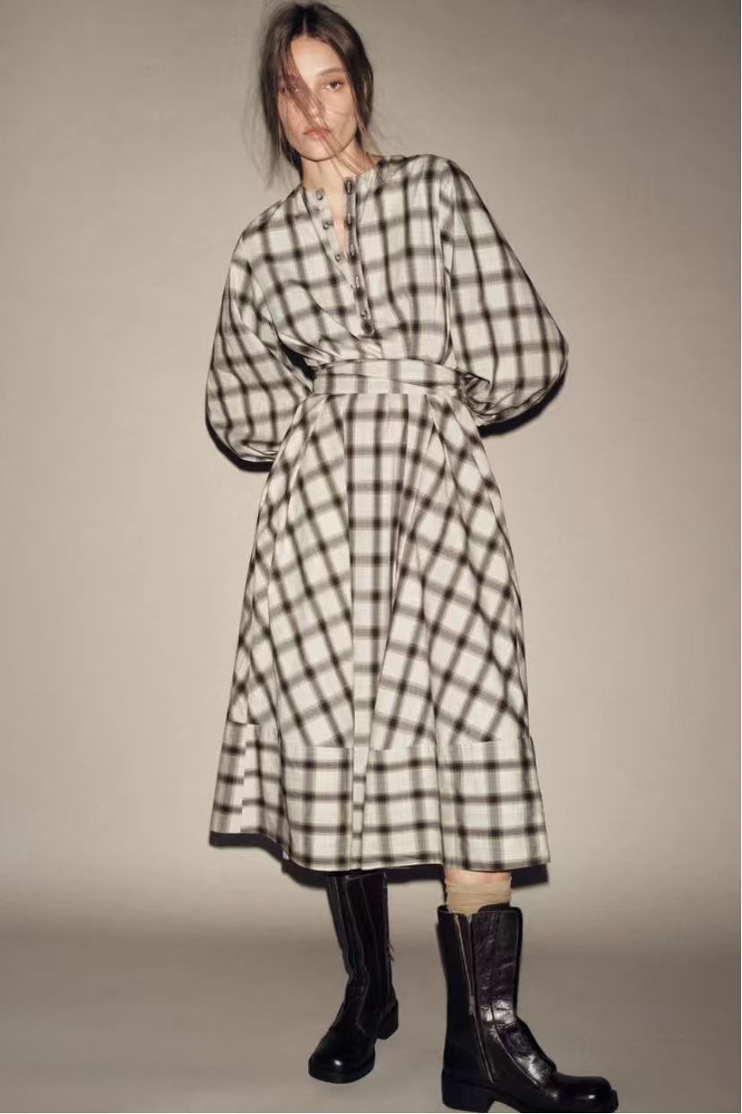 Damen nan kariertes Midikleid mit Ballonärmeln, Taillengürtel und Zierknopfleiste R&B