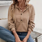 Damen kuscheliger Kapuzenpullover mit Knopfleiste und Rippstruktur