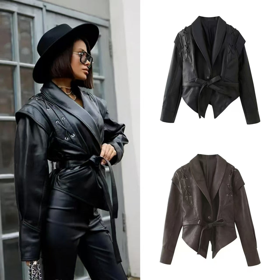 Damen modische Kunstlederjacke mit stilvollem Gürteldetail und elegantem Design R&B