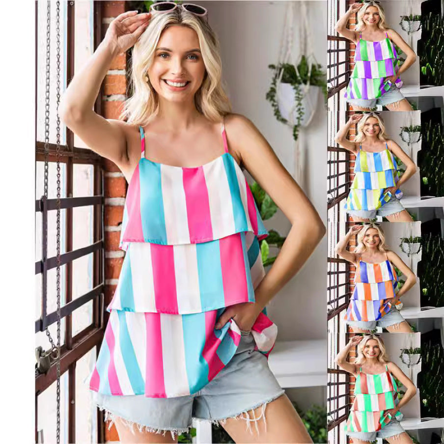 Damen luftiges Streifen-Top mit geschichtetem Design R&B