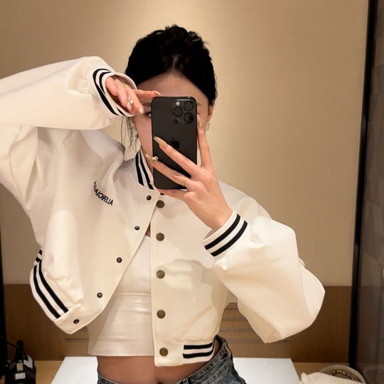 Damen lässige cropped Bomberjacke mit kontrastierenden Streifen und Druckknöpfen R&B