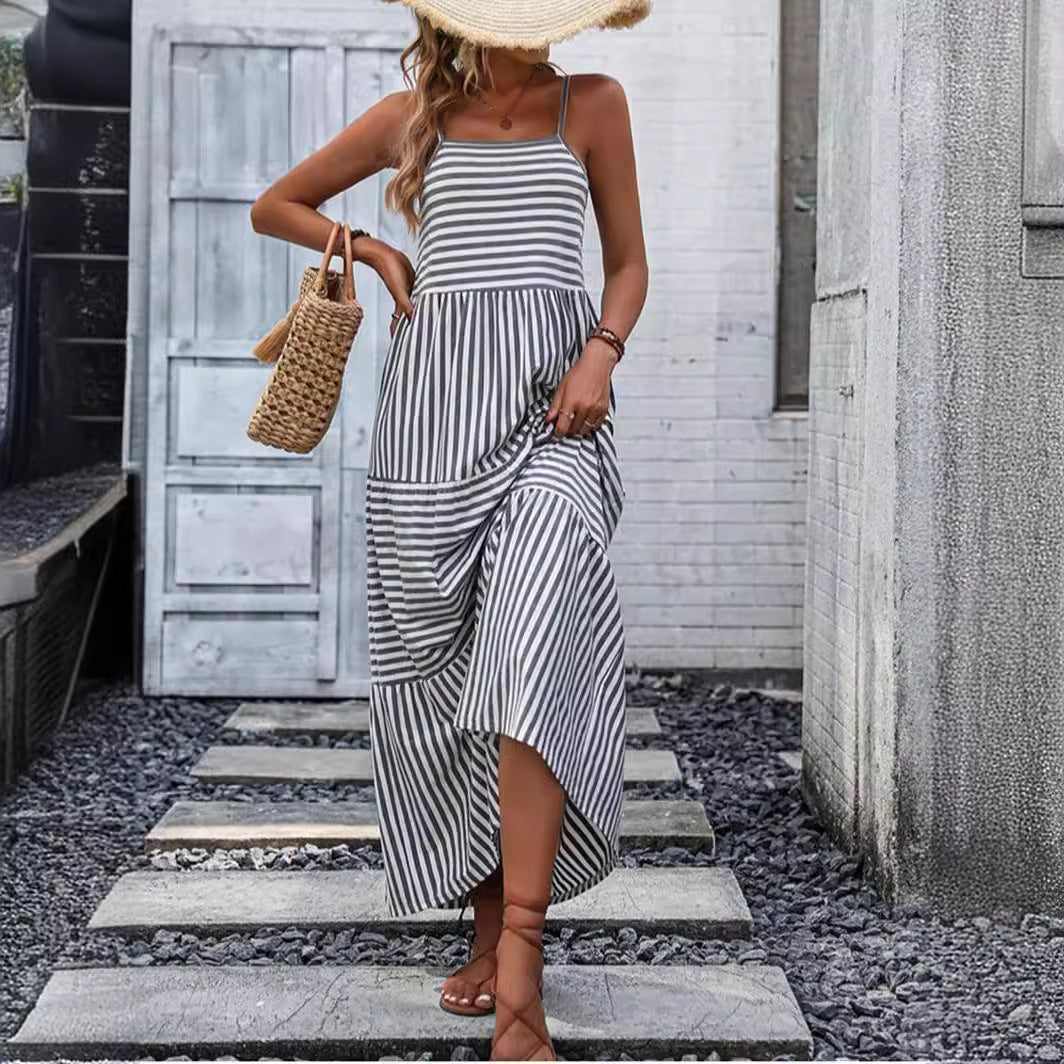 Damen Maxikleid mit schmalen Trägern und gestreiftem Design R&B