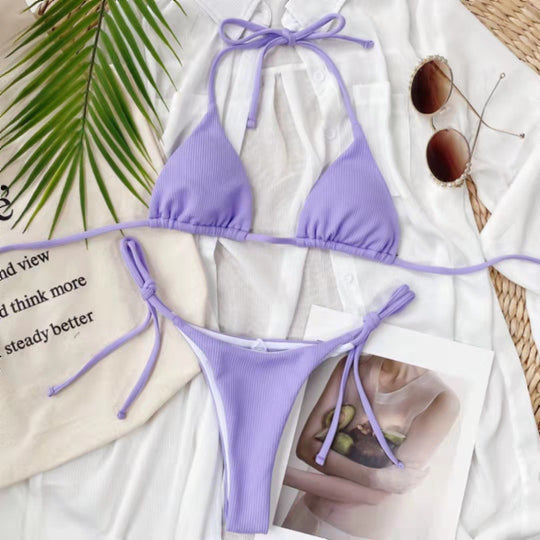 Damen Triangel-Bikini mit verstellbaren Bindebändern und Rippstrick R&B