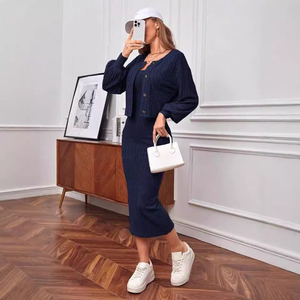 Damen Strick-Outfit mit Knopfleiste und Bündchen R&B