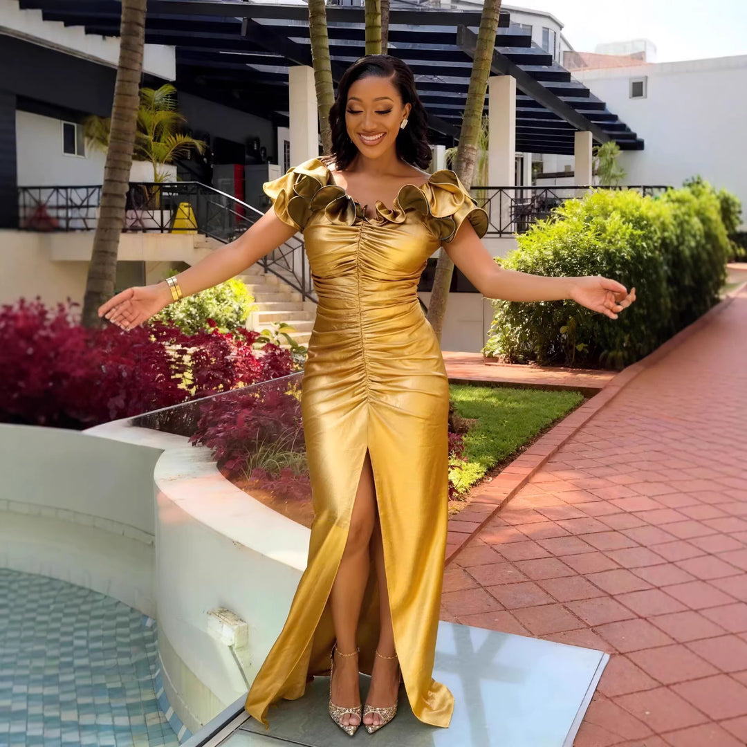 Damen glamouröses Abendkleid mit Rüschen und hohem Schlitz R&B