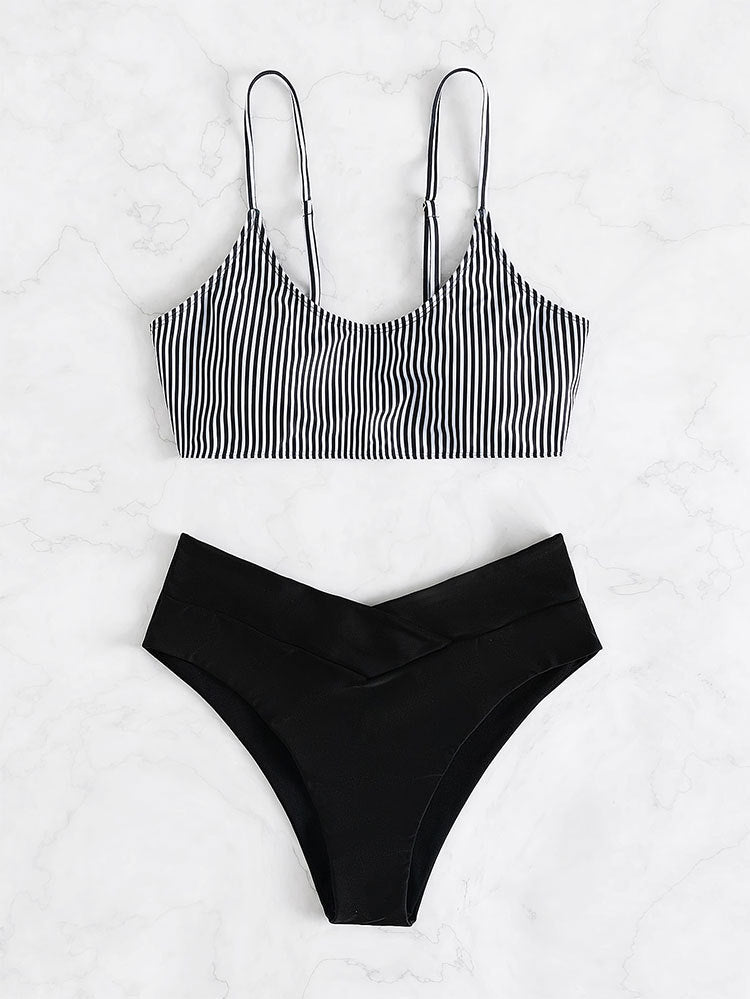 Damen Sport-Bikini-Set mit Streifenmuster und Hoher Taille R&B