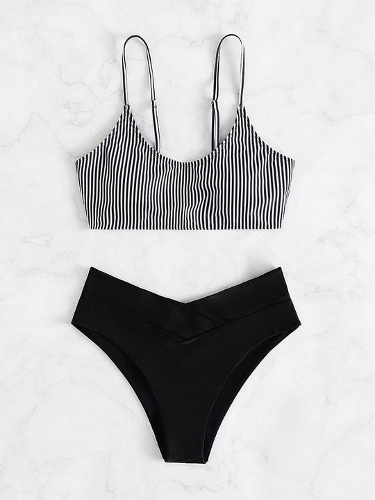 Damen Sport-Bikini-Set mit Streifenmuster und Hoher Taille R&B