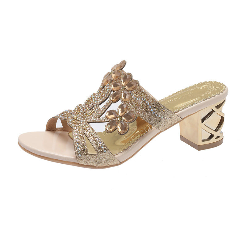 Damen Offene Mules mit verzierenden Blumen und komfortablem Blockabsatz R&B