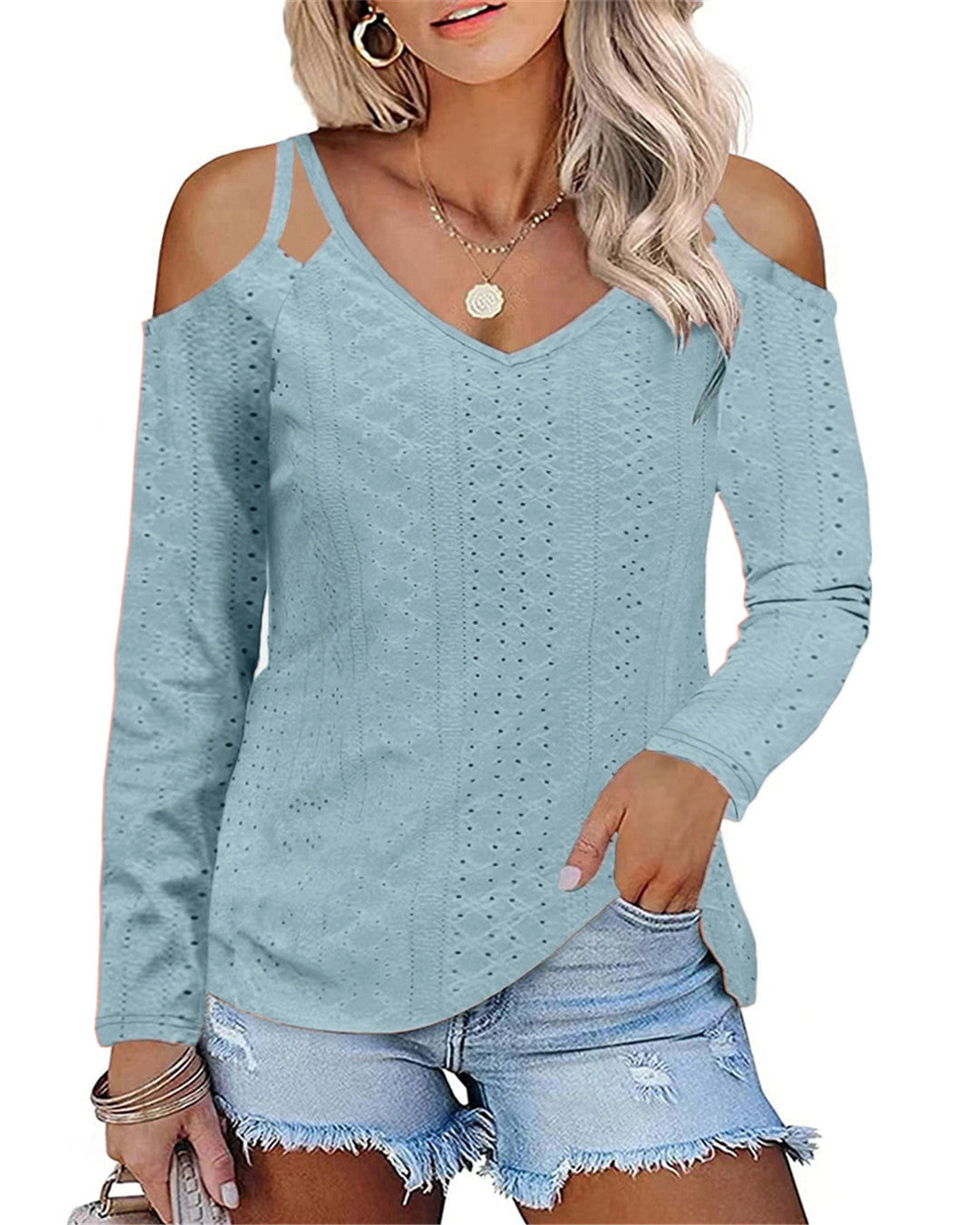 Damen Elegantes Shirt mit angeschnittenen Schultern und V-Ausschnitt R&B