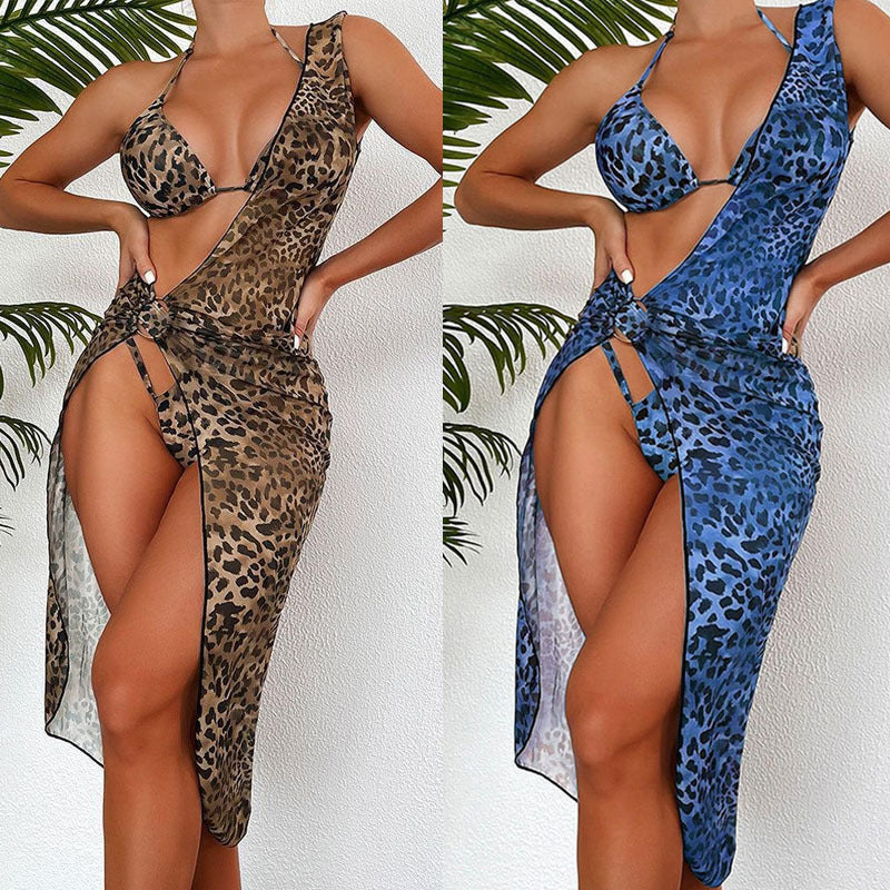 Damen Triangel-Bikini mit modischem Halter-Top und transparentem Sarong