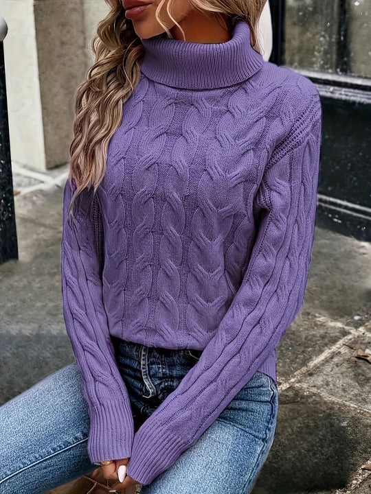 Damen Strickpullover mit hohem Kragen und Zopfmuster R&B