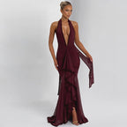 Damen Elegantes Abendkleid mit tiefem V-Ausschnitt und Rüschendetails R&B