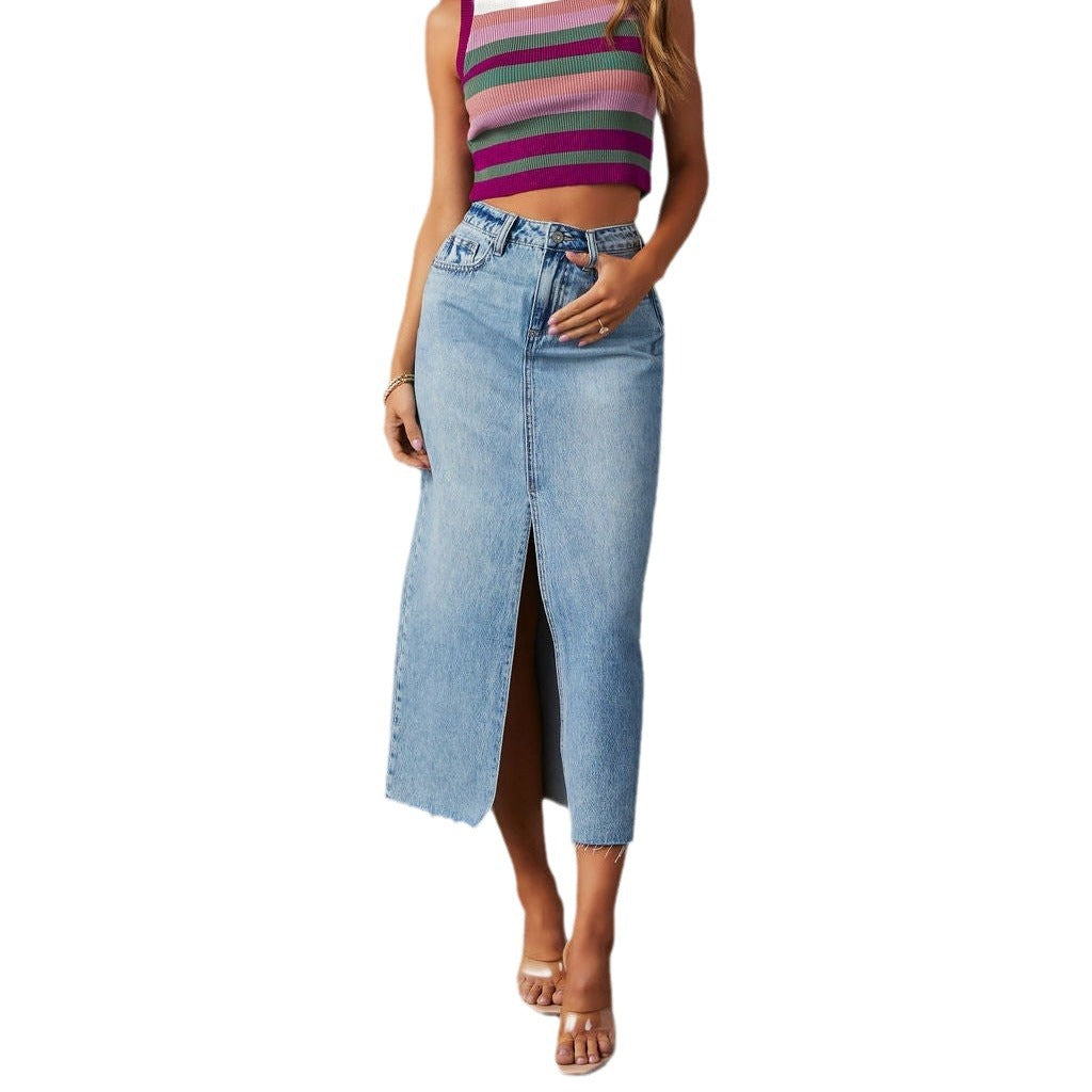 Damen Jeansrock im modernen Midi-Stil mit seitlichem Schlitz und hochgezogenem Saum R&B
