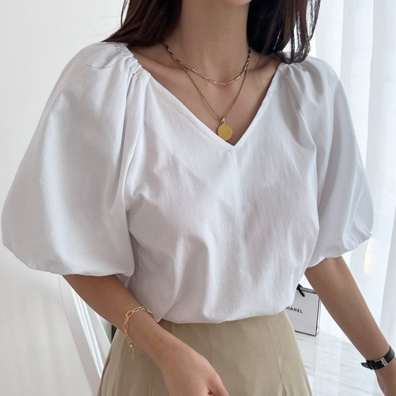 Damen Puffärmel V-Ausschnitt Top