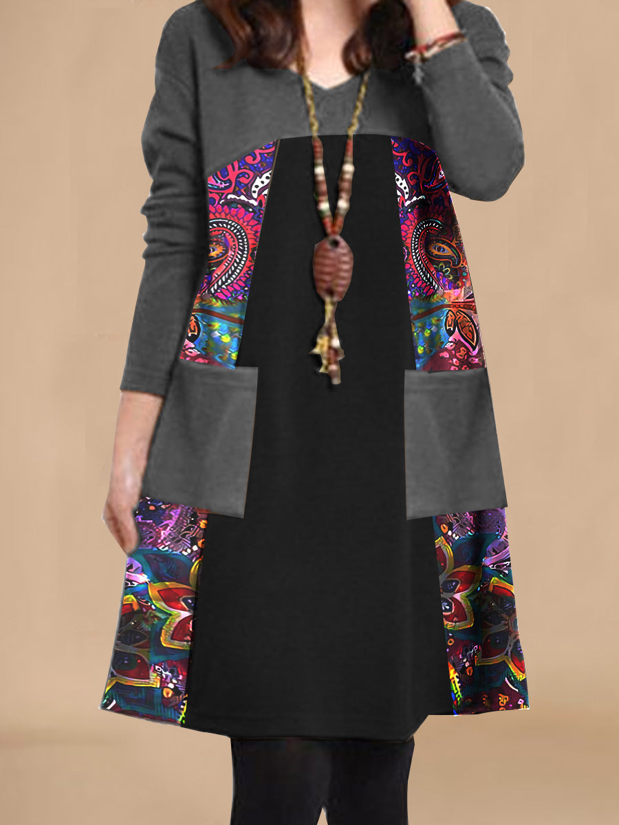 Damen Maxikleid mit einzigartigem Mustermix und großzügigen Taschen