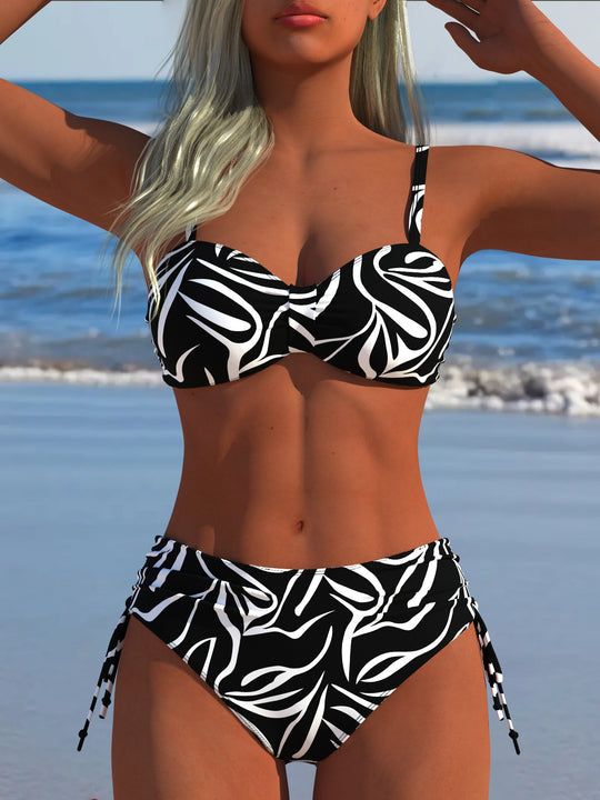 Damen Bikini-Set mit stilvollem Karomuster und goldfarbenen Akzenten R&B