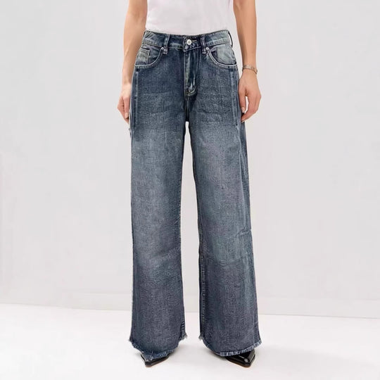 Damen weite Denim-Jeans mit kreativem Muster und fransigem Saum R&B