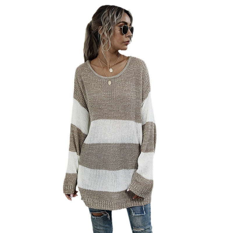 Damen Oversized Strickpullover mit gestreiftem Muster und lässigem Schnitt R&B