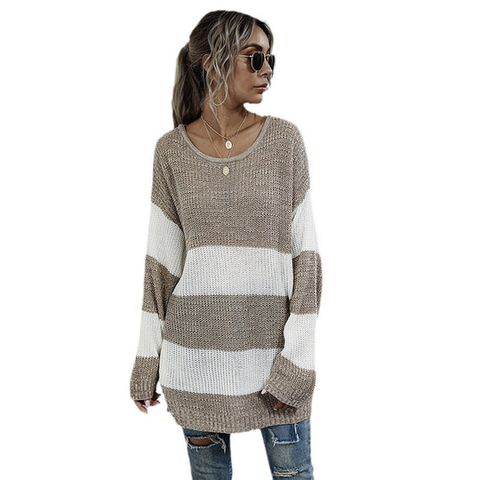 Damen Oversized Strickpullover mit gestreiftem Muster und lässigem Schnitt R&B