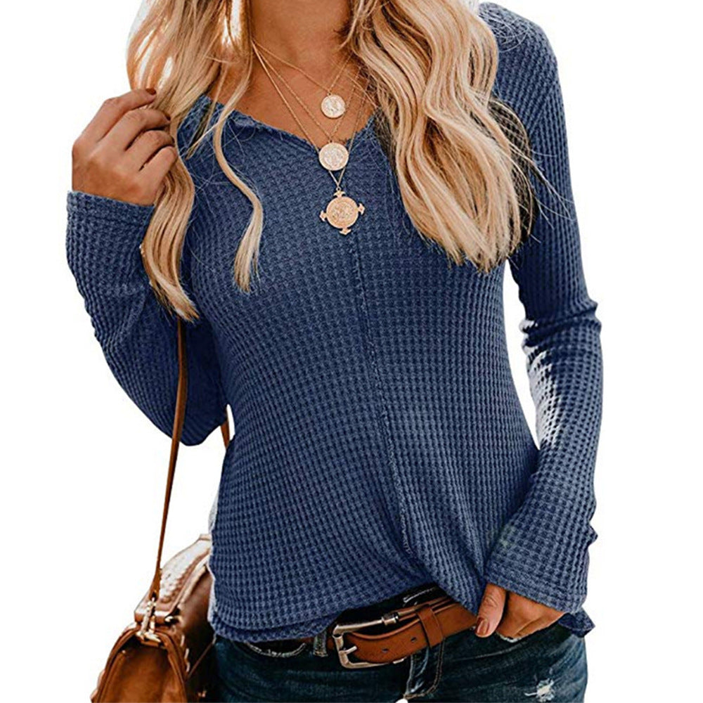 Damen lässiges Langarmshirt mit strukturiertem Waffelmuster und modischem V-Ausschnitt R&B