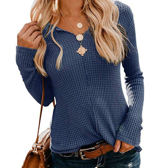 Damen lässiges Langarmshirt mit strukturiertem Waffelmuster und modischem V-Ausschnitt R&B