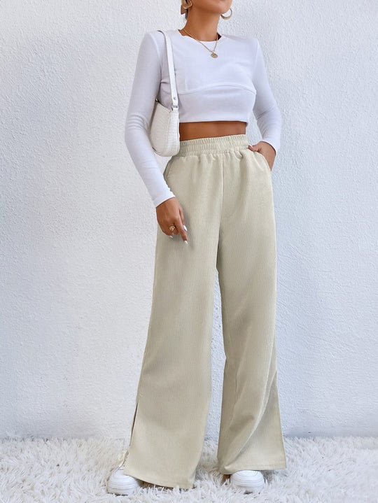 Damen Weite Cord-Hose mit elastischem Bund und seitlichen Schlitzen R&B
