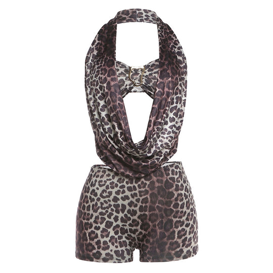 Damen Leopardenmuster Halterneck Overall R&B