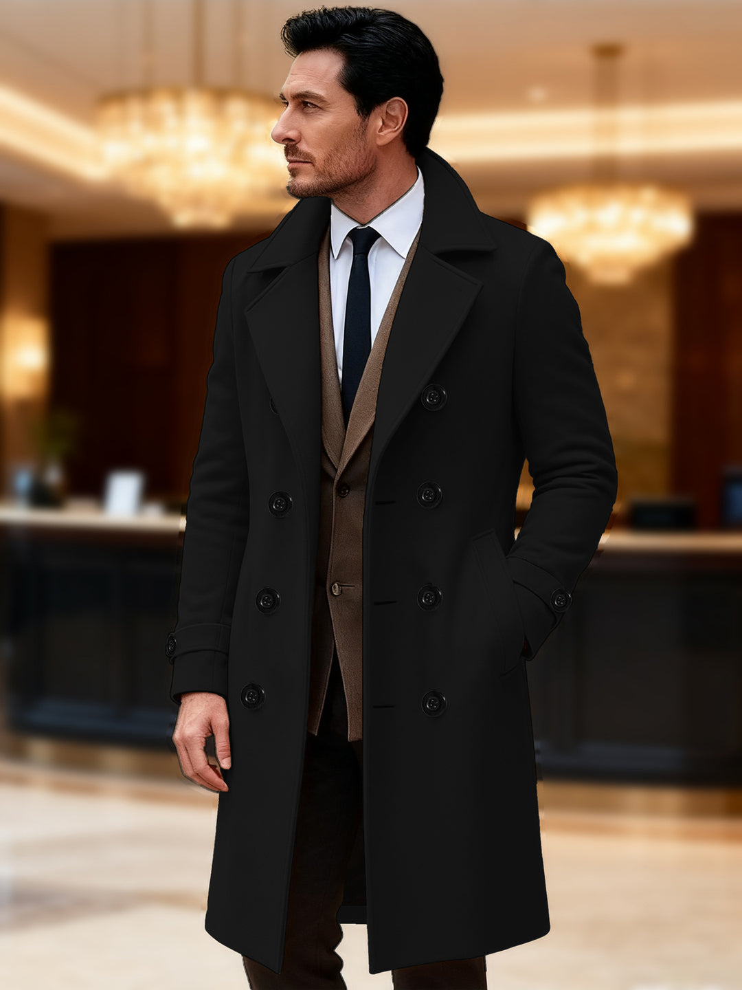 Herren eleganter doppelreihiger Wollmantel R&B