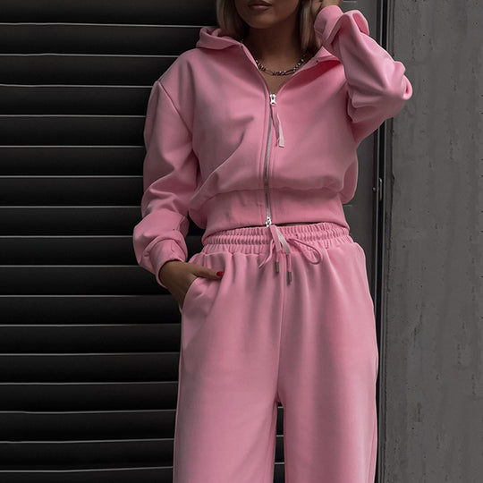 Damen sportliches Fleece-Set mit hochgeschlossenen Kapuze und verstellbarem Bund R&B