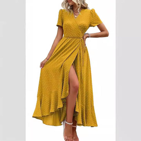 Damen Wickelmaxikleid mit eleganter Raffung und asymmetrischem Saum R&B