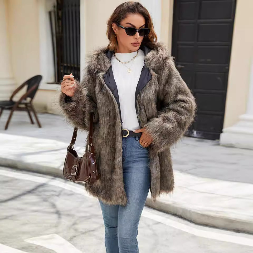 Damen kuschelige Felljacke mit Katzenohren R&B